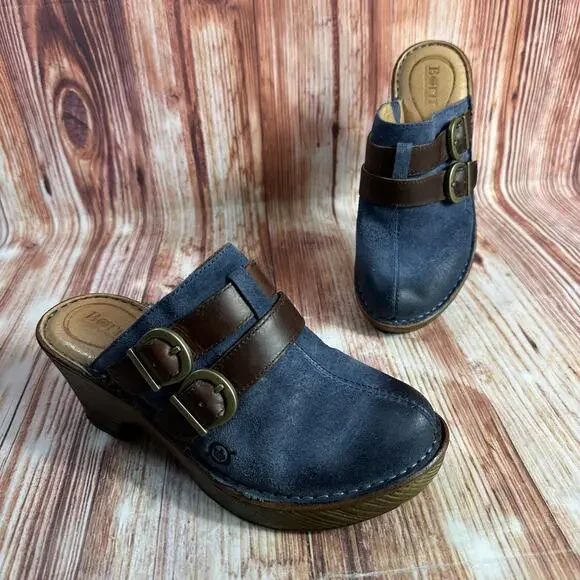 Born Sz 7 Blue Suede Leather Buckle Slide On Chunky Block Heel Clogs Mules Shoes - Picture 1 of 11
